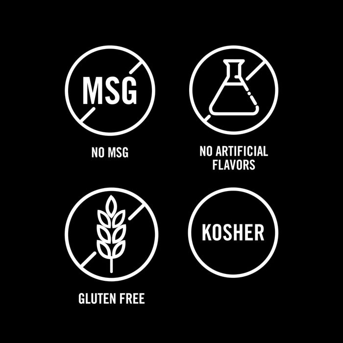 This illustration shows icons indicating the product contains no MSG, no artificial flavors, is gluten-free, and is Kosher.