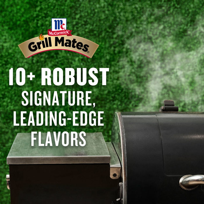 A close-up of a grill with smoke rising, advertising Grill Mates and their 10+ robust signature, leading-edge flavors.