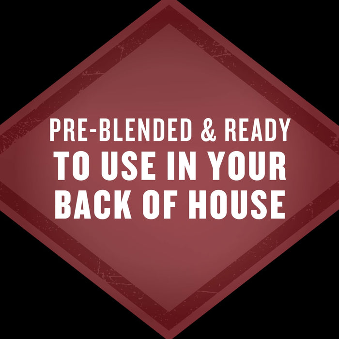A maroon diamond shape with the text Pre-blended and ready to use in your back of house.