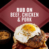 A versatile rub for beef, chicken, and pork is showcased atop a burger with bacon and a fried egg.