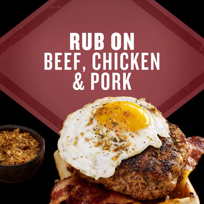 A versatile rub for beef, chicken, and pork is showcased atop a burger with bacon and a fried egg.