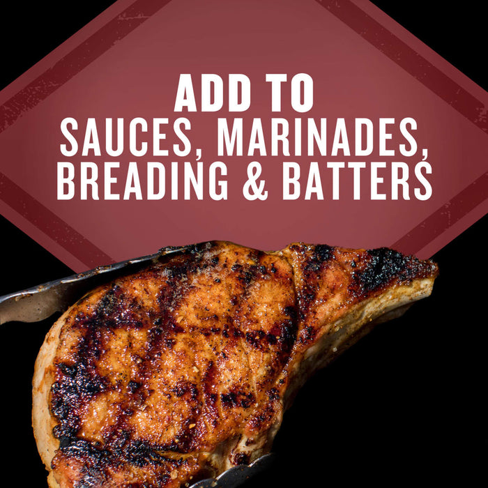 A grilled chop is held by tongs, with text overlayed saying Add to Sauces, Marinades, Breading &amp; Batters.