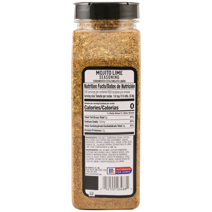 A container of McCormick Mojito Lime Seasoning with its nutrition facts and ingredients listed on the label.