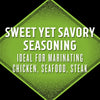 A green diamond with the text Sweet Yet Savory Seasoning Ideal for Marinating Chicken Seafood Steak
