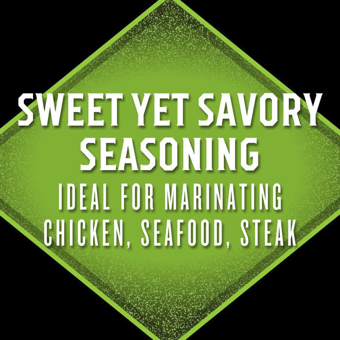 A green diamond with the text Sweet Yet Savory Seasoning Ideal for Marinating Chicken Seafood Steak