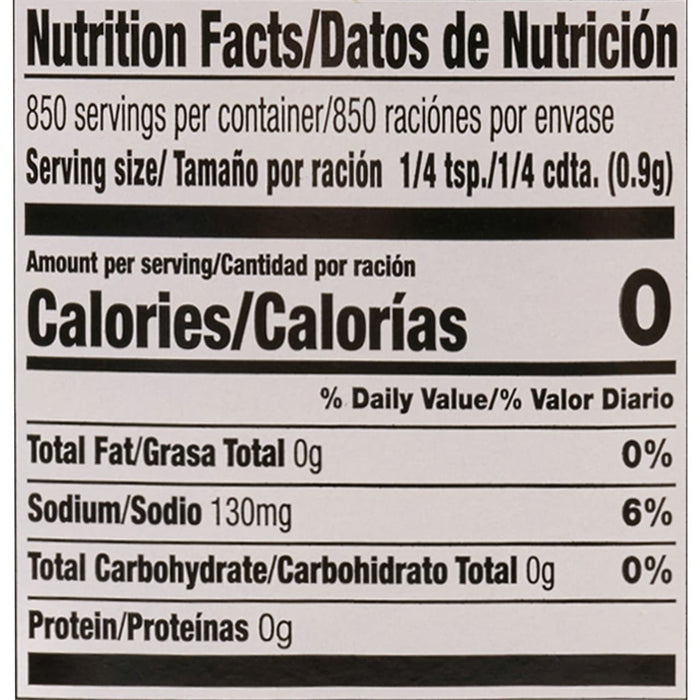 Nutrition facts label showing that a serving size of 1/4 tsp (0.9g) contains 0 calories 0g of total fat (0% Daily Value) 130mg of sodium (6% Daily Value) 0g of total carbohydrate (0% Daily Value) and 0g of protein.