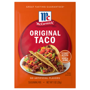 McCormick Original Taco Seasoning Mix package with a picture of two tacos on a plate.