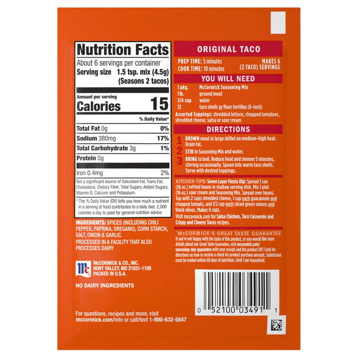 McCormick Taco Seasoning Mix package with nutrition facts and directions for use.