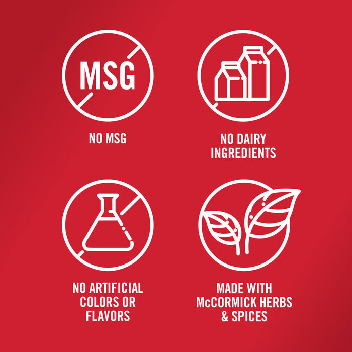 Four white icons on a red background show that the product is made with no MSG no dairy ingredients no artificial colors or flavors and is made with McCormick herbs and spices.
