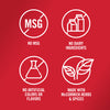 Four white icons on a red background show that the product is made with no MSG no dairy ingredients no artificial colors or flavors and is made with McCormick herbs and spices.