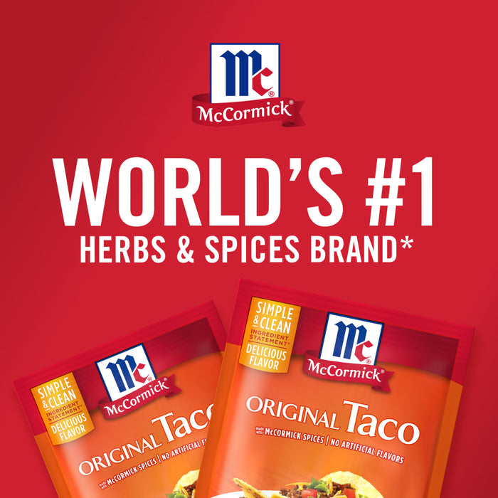McCormick Original Taco seasoning packets with a red background and the text World\s #1 Herbs &amp; Spices Brand.