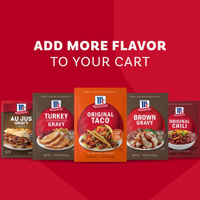 A promotional graphic featuring Mccormick Original Taco Seasoning Mix 1 Oz alongside other McCormick gravy and seasoning packets against a red background with the text Add More Flavor to Your Cart.
