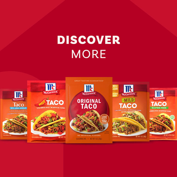 A vibrant red background features the text 'TACO NIGHT YOUR WAY' above five pouches of Mccormick Taco Seasoning Mix, including Original, Hot, Mild, 30% Less Sodium, and Gluten-Free varieties, each displaying a prepared taco.