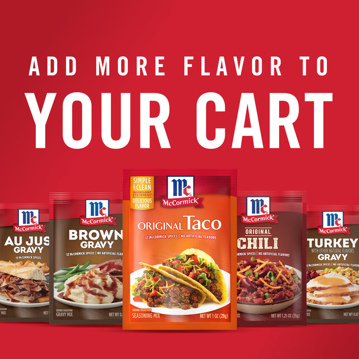 McCormick brand gravy mixes in various flavors including au jus brown taco chili and turkey.