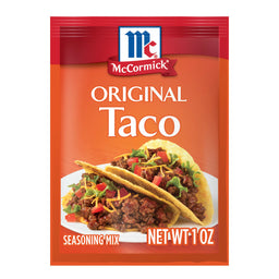 McCormick Original Taco Seasoning Mix package with a photo of two tacos on a plate.