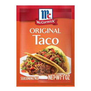 McCormick Original Taco Seasoning Mix package with a photo of two tacos on a plate.