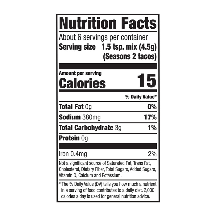 This nutrition facts label for Mccormick Taco Seasoning Mix details that a 2 tsp serving (4.5g) contains 15 calories, 380mg sodium, and 3g total carbohydrate, with about 6 servings per container.