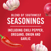 A red background with white text that reads Blend of Southwest Seasonings Including Chili Pepper Oregano Onion and Garlic with images of garlic red onion and a red chili pepper.