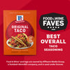 Mccormick Taco Seasoning Mix is presented as a blend of Southwest seasonings, featuring chili pepper, oregano, onion, and garlic on a red background.