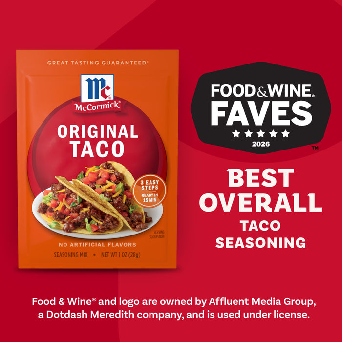Mccormick Taco Seasoning Mix is presented as a blend of Southwest seasonings, featuring chili pepper, oregano, onion, and garlic on a red background.