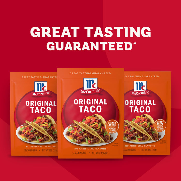 A package of Mccormick Taco Seasoning Mix featuring two tacos as a serving suggestion, with text highlighting no artificial flavors, no MSG, and all natural herbs and spices.