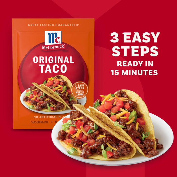 A McCormick Taco Seasoning Mix package, featuring two tacos and a 'Simple &amp; Clean Ingredient Statement' badge, is highlighted by an arrow pointing to the badge.