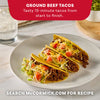 The image displays a recipe for ground beef tacos, featuring a plate of prepared tacos on the right and the ingredients and instructions on a red background on the left, including Mccormick Taco Seasoning Mix as a key ingredient.