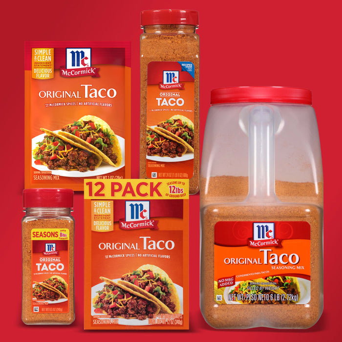 A variety of McCormick Original Taco seasoning mixes including a 12-pack a 6-lb container and a smaller jar.