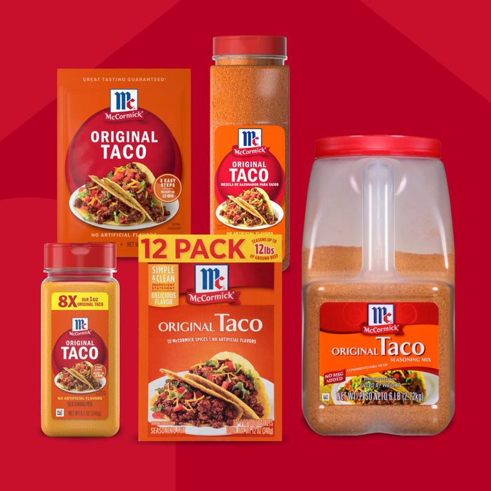 A collection of Mccormick Taco Seasoning Mix products is displayed, featuring various packaging sizes from individual packets and a shaker bottle to large bulk containers, all with a consistent design showing a taco.