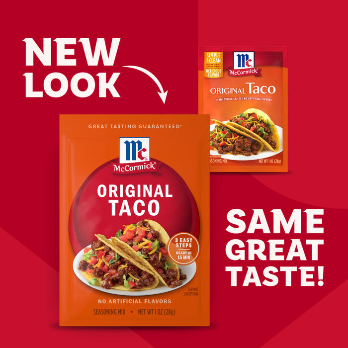 An infographic highlights the new packaging for Mccormick Original Taco Seasoning Mix 1 Oz while reassuring customers that it still features the same great taste.