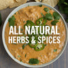 A bowl of cheesy dip with jalapenos and cilantro with the text All Natural Herbs &amp; Spices on top.