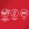 Three white icons on a red background show that McCormick products are made with herbs and spices have no artificial colors and contain no MSG.