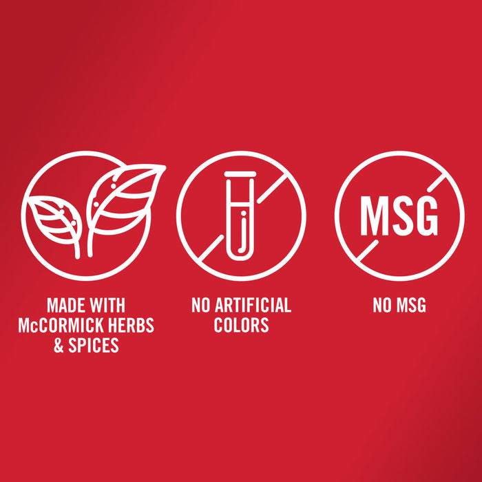 Three white icons on a red background show that McCormick products are made with herbs and spices have no artificial colors and contain no MSG.