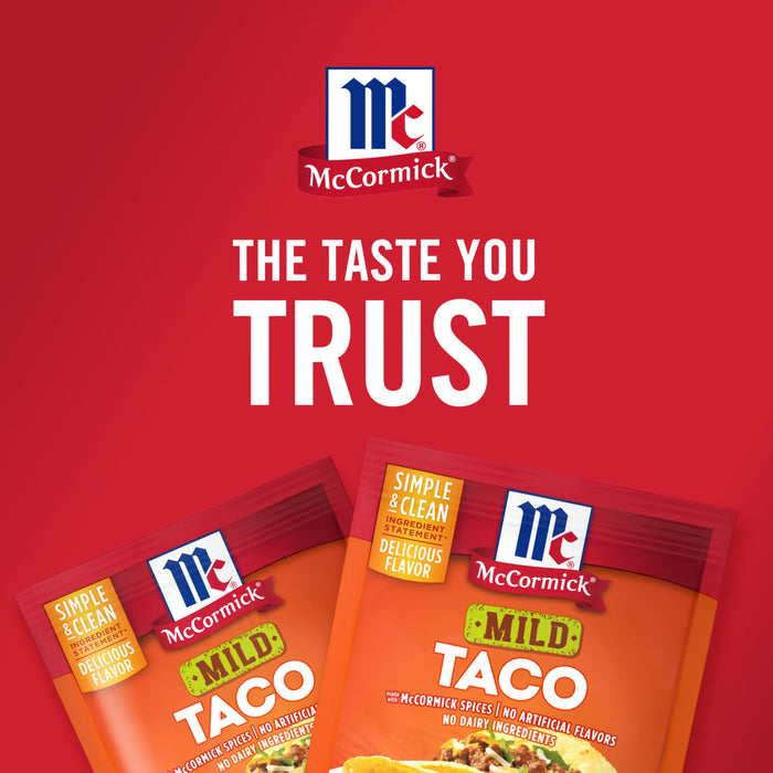 Two McCormick Mild Taco seasoning packets with a red background and the slogan The Taste You Trust.