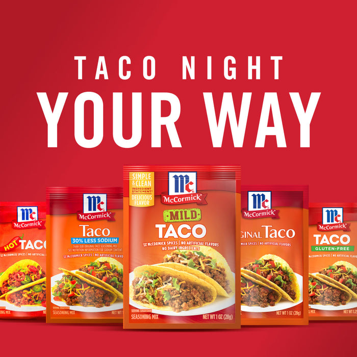 McCormick Taco Seasoning Mixes in different flavors including Hot Mild Original Less Sodium and Gluten-Free.