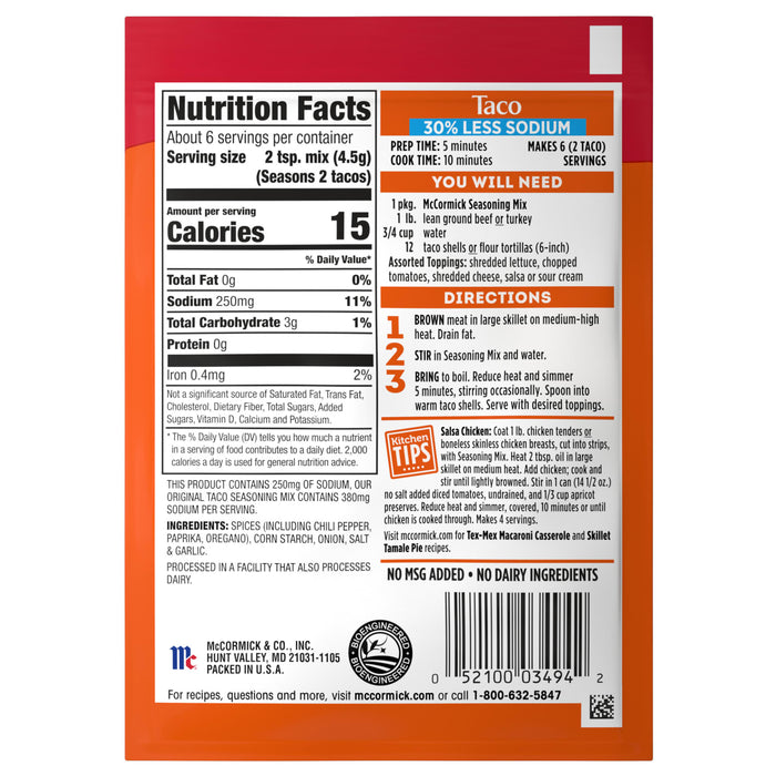 McCormick® 30% Less Sodium Taco Seasoning Mix, 1 oz (6-Pack)