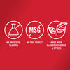 Three white icons on a red background with text below each icon that says no artificial flavors no MSG added and made with McCormick herbs &amp; spices.