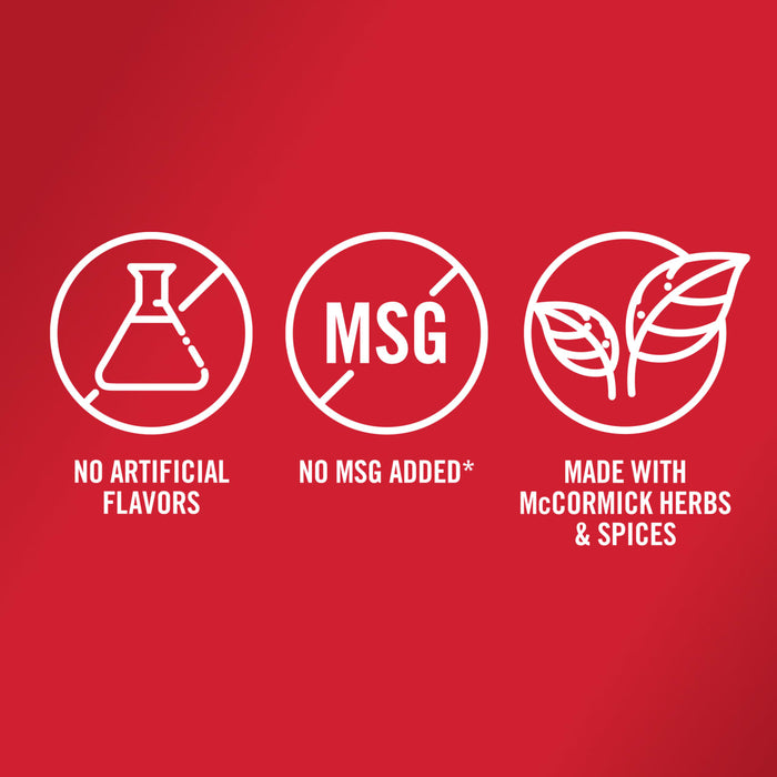 Three white icons on a red background with text below each icon that says no artificial flavors no MSG added and made with McCormick herbs &amp; spices.