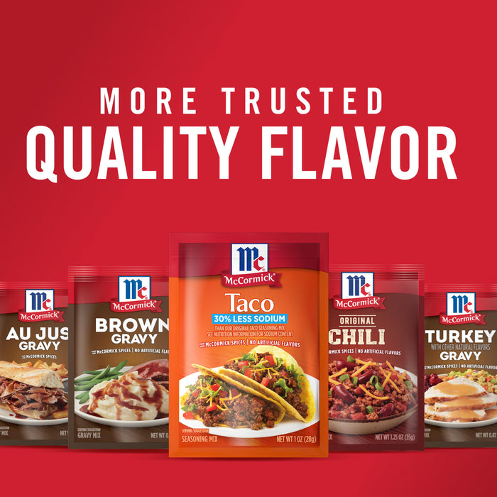 Six McCormick seasoning packets for different dishes including Au Jus Brown Gravy Taco Chili and Turkey Gravy.