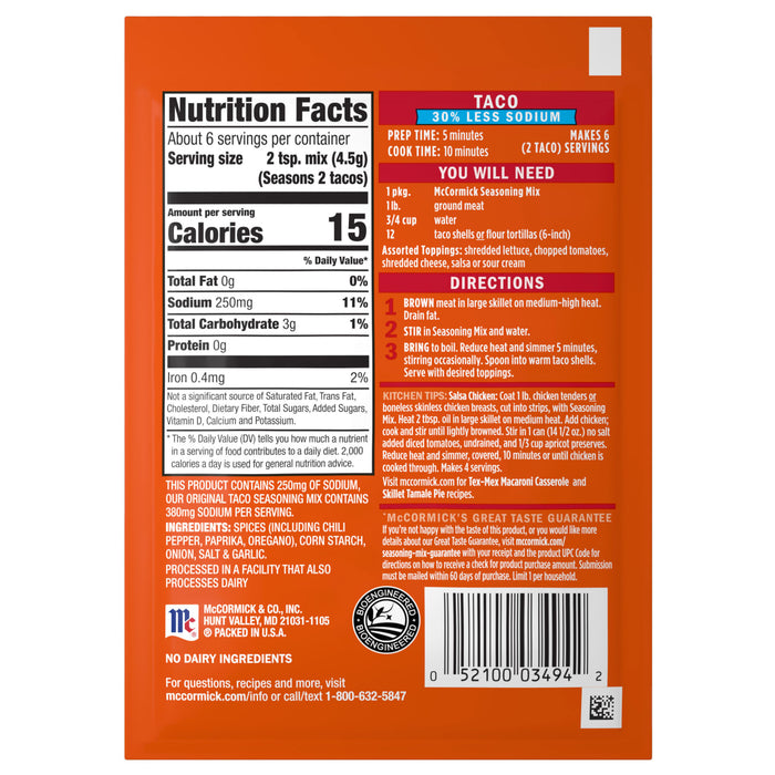The back of a package of Mccormick Regular Taco Seasoning Mix 1 Oz displays nutrition facts, ingredients, and cooking directions for making tacos or salsa chicken.