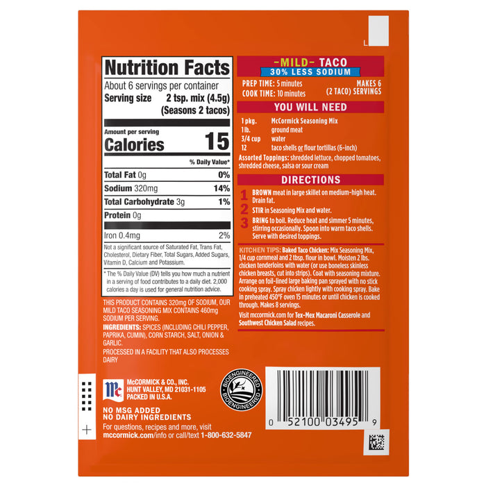 McCormick Mild Taco Seasoning Mix nutrition facts and directions for use.