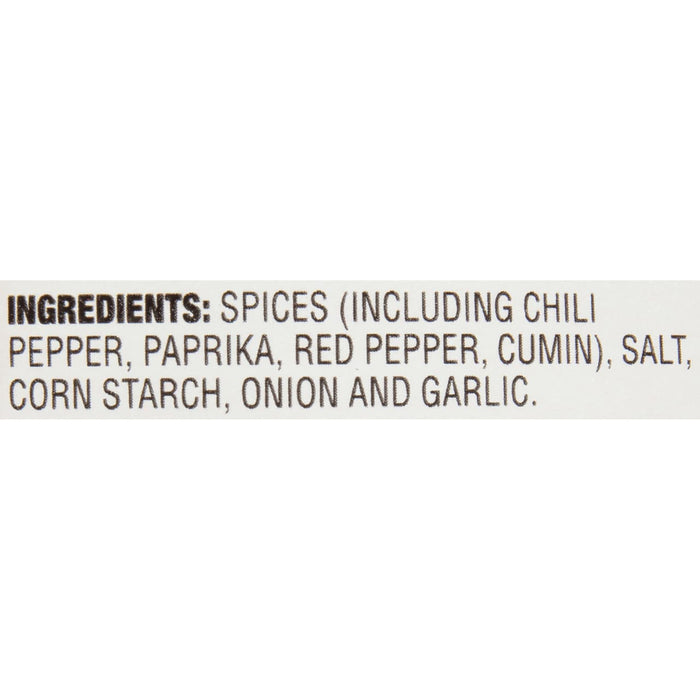 A list of ingredients for a spice blend including chili pepper paprika red pepper cumin salt corn starch onion and garlic.
