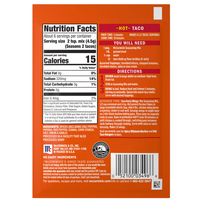 The back of a package of Mccormick Hot Taco Seasoning Mix 1 Oz displays nutrition facts, ingredients, and cooking directions for tacos and party wings.