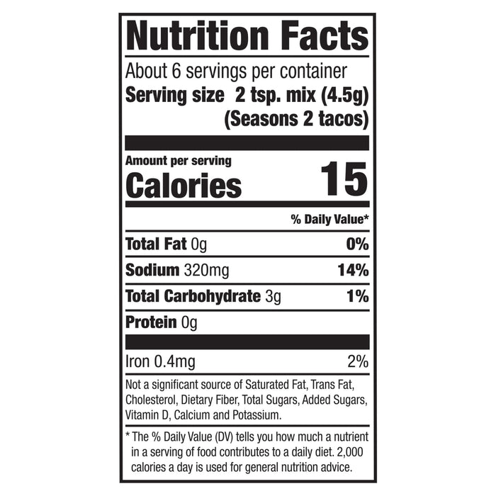 A Nutrition Facts label for Mccormick Hot Taco Seasoning Mix 1 Oz showing 15 calories and 320 milligrams of sodium per serving.
