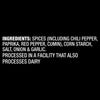A list of ingredients for Mccormick Hot Taco Seasoning Mix 1 Oz including chili pepper, paprika, red pepper, cumin, corn starch, salt, onion, and garlic, with a note that it is processed in a facility that also processes dairy.