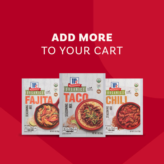 An advertisement encourages customers to add more to their cart, featuring a packet of Mccormick Organics Regular Taco Seasoning Mix 1 Oz alongside Fajita and Chili seasoning mixes.