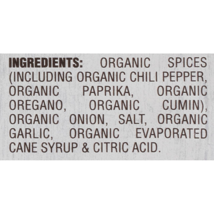 A list of ingredients for a product including organic spices onion garlic and cane syrup.