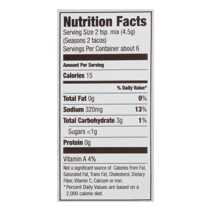 The Nutrition Facts label for Mccormick Organics Regular Taco Seasoning Mix 1 Oz lists 15 calories per serving.