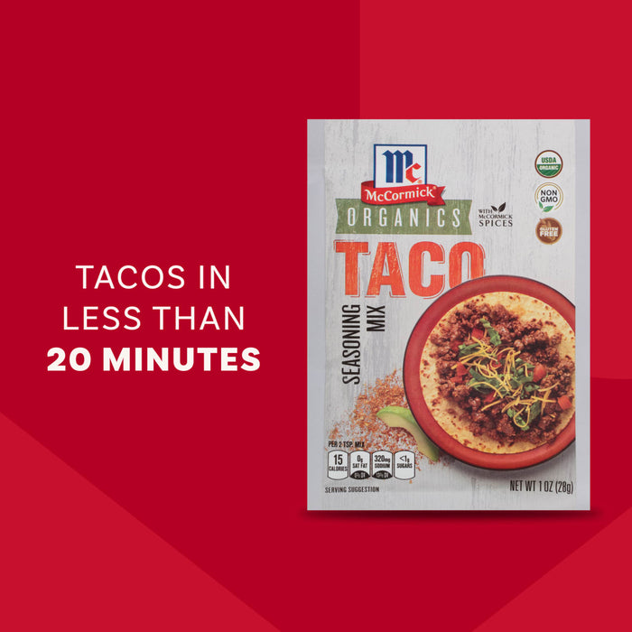 An advertisement shows a package of Mccormick Organics Regular Taco Seasoning Mix 1 Oz next to the text Tacos in less than 20 minutes, suggesting a quick and easy meal.