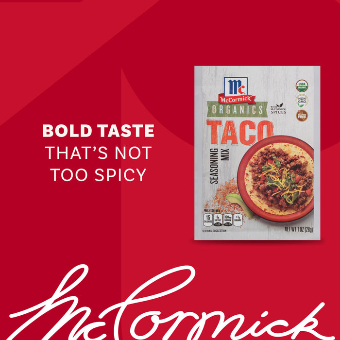 An advertisement shows a package of Mccormick Organics Regular Taco Seasoning Mix 1 Oz next to the text BOLD TASTE THAT'S NOT TOO SPICY, reinforcing the product's flavor profile.